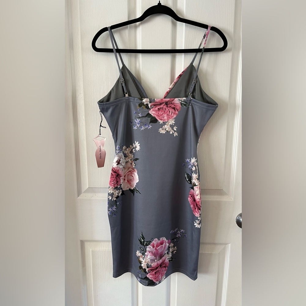 NWT Haute Monde Gray & Pink Floral full zip up mini dress, Bodycon Large 8-10 - Picture 6 of 15